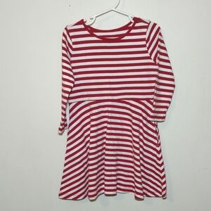 Primary Red and White Striped Dress Long Sleeve 100% Cotton Girls Size 4-5